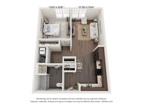 Floor plan for 1 bed, 1 bath, 803 sqft